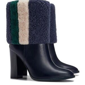 Tory Burch Bamford Navy Boots with Green and Cream Cuff